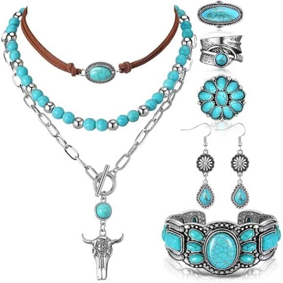 Bohemian Western Jewelry Turquoise Set Women Bohemian Pendant Long - Picture 7 of 7